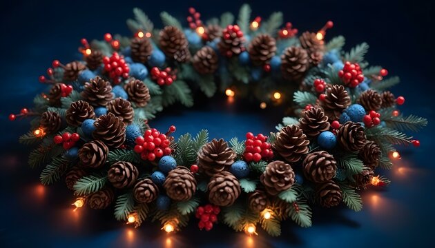 A beautifully arranged Christmas wreath made of pinecones and red berries on a deep blue bokeh backdrop filled with soft light spots create with ai