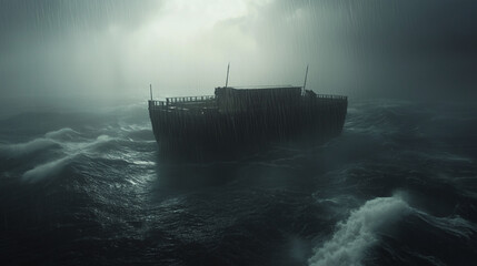 The Ark Navigates Fierce Waves Amidst the Deluge of the Great Flood