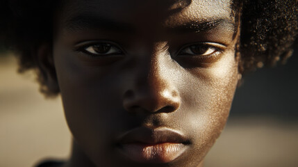 A young girl with natural hair gazes thoughtfully at the camera in a sunlit outdoor setting, surrounded by nature's greenery