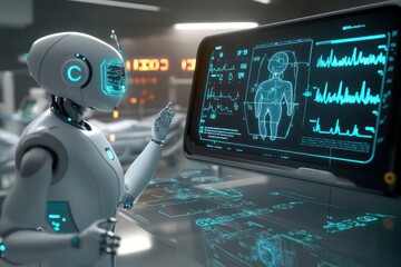 An AI-driven hospital monitoring system displaying holographic health stats, robotic assistants adjusting patient care based on real-time data.