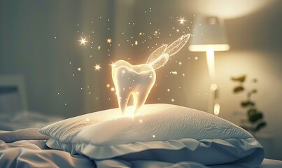 Tooth fairy concept. A floating glowing tooth over a pillow with magical fairy sparkles shining around it. In a bedroom with dim lamp light. Children bedtime story fantasy concept art