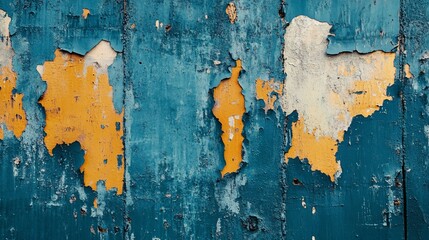 A close-up of a weathered wooden door with peeling blue and yellow paint.