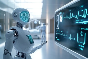 An AI-driven hospital monitoring system displaying holographic health stats, robotic assistants adjusting patient care based on real-time data.