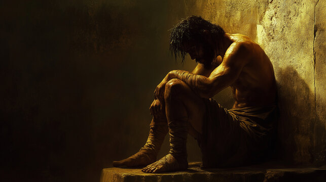 Samson Sits on a Stone, His Hair Cut, Bound Hands Before Him