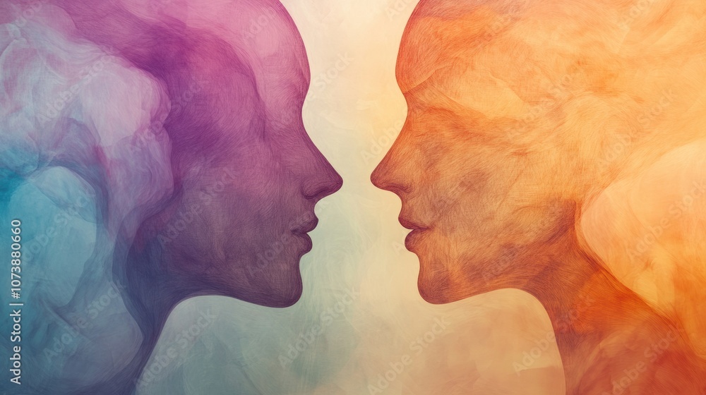 Poster Two abstract silhouettes merge in pastel hues, illustrating deep connection and understanding between individuals in a tranquil setting. Generative AI
