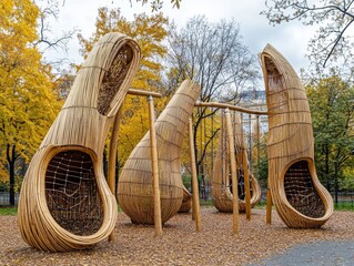 Bamboo playground equipment for kids  adventure games with climbing frames and slides in park