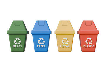 3D Realistic Recycling Bin Icon with multiple color variations. Minimal Cartoon Waste trash bin, Garbage container, Recycle bin icon. Emphasizing sustainability and eco-friendliness concept 3d render.