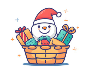 A cheerful snowman in a Santa hat surrounded by colorful gifts in a basket, perfect for conveying holiday joy and celebration. Ideal for Christmas-themed projects and designs.