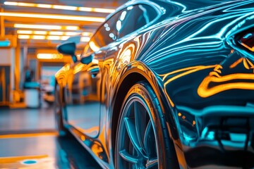 Fototapeta premium Professional automobile repair chamber showcasing the detailed car painting process for vehicles