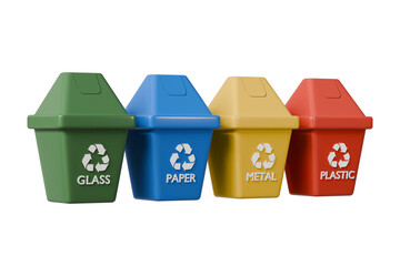 3D Realistic Recycling Bin Icon with multiple color variations. Minimal Cartoon Waste trash bin, Garbage container, Recycle bin icon. Emphasizing sustainability and eco-friendliness concept 3d render.