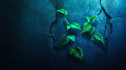 Fototapeta premium Vibrant green leaves emerging from a textured blue wall with a glowing outline, symbolizing nature's resilience and creativity