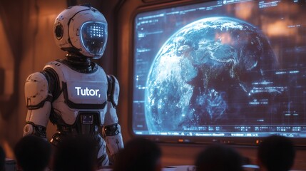 futuristic education, a classroom featuring a robotic android labeled as tutor, conducting an interactive environmental science session with a holographic earth model, as students look on with