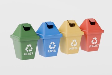 3D Realistic Recycling Bin Icon with multiple color variations. Minimal Cartoon Waste trash bin, Garbage container, Recycle bin icon. Emphasizing sustainability and eco-friendliness concept 3d render.