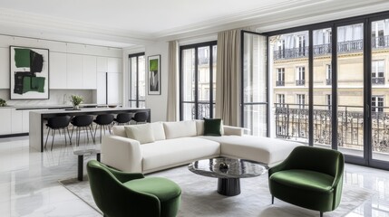 Stylish parisian apartment with open concept living, modern decor, and bright natural light