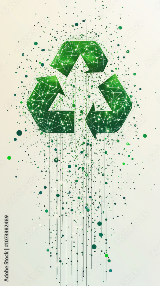 Aufkleber green recycling symbol disintegrating into a stream of data, representing the connection between rec