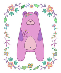 Cute Pink Bear in Floral Wreath
