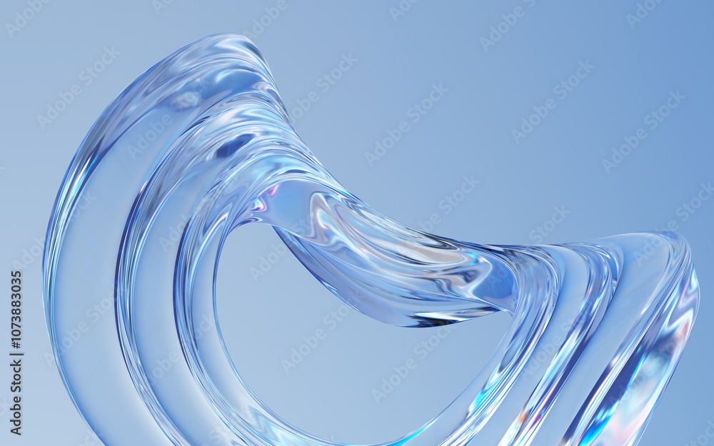 Fototapete glass wavy shapes on a light background. 3d rendering background.