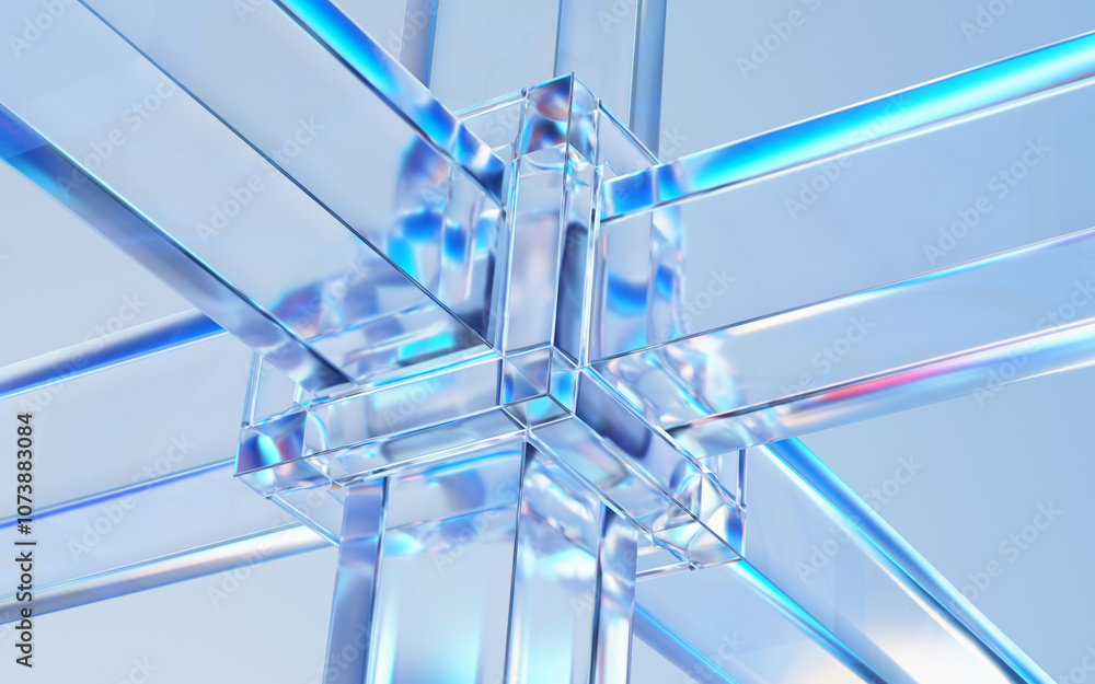Poster abstract background with glass shape and colorful reflections. close up view. 3d rendering.