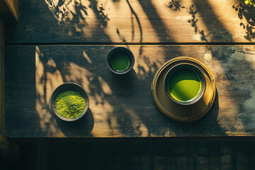 A serene green tea setup on a wooden table, featuring matcha powder and bowls during a sunny afternoon in a tranquil setting. Generative AI