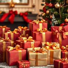 Obraz premium Luxuriously Wrapped Christmas Gifts with Golden Accents created with generative AI