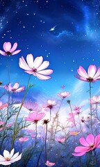 Vibrant pink cosmos flowers in full bloom against clear blue sky, bathed in sunlight. Perfect for spring themes, nature lovers, garden enthusiasts, wallpaper. Captures essence of wildflower meadows.