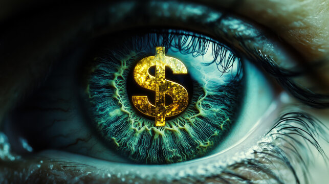 Close-up of an eye reflecting a golden dollar sign, symbolizing financial aspirations and the pursuit of wealth