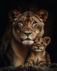 Majestic Lioness Gently Protecting Her Adorable Lion Cub in a Natural Habitat Setting