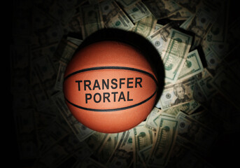 Basketball with Transfer Portal text on a pile of cash