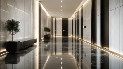 A modern lobby with glossy marble floors and minimalist design, the corridor lined with soft contemporary lighting and clean architectural lines.