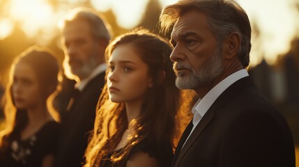 Reflective Family Attending a Funeral on a Sunny Day Capturing Emotional Moments
