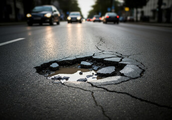 A deep pothole exposes cracked asphalt on a busy urban street during evening rush hour