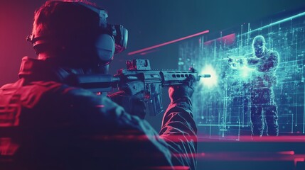 High-Tech Soldier Training in Virtual Reality With Advanced VR Glasses and Rifle in Futuristic Combat Simulation Environment