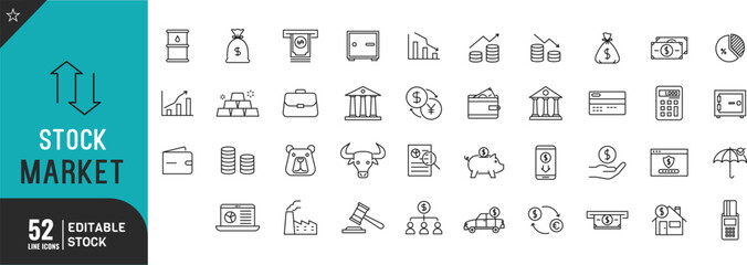 Stock Market line editable icon set. bull, bear , finance, money, and more Thin modern style vector illustration.