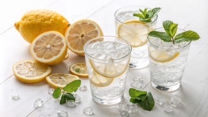Fototapeta premium Refreshing lemon basil lemonade with ice - perfect for summer drink blogs, cocktail websites, beverage photography, and healthy lifestyle presentations