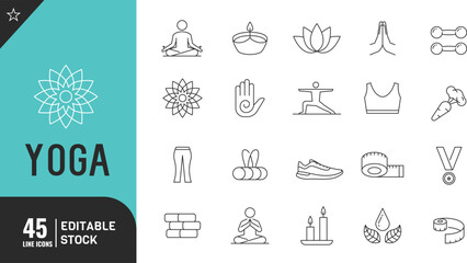 Yoga line editable icon set.  physical activity, proper nutrition, and sports  thin modern style vector illustration.