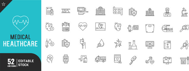 Medical and healthcare line editable icon set.   Cardiology, doctor, nurse, insurance thin modern style vector illustration.