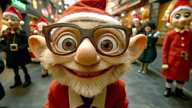 A smiling elf wearing glasses and a Santa hat looks directly at the camera, surrounded by other elves at a holiday event