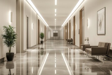 A modern office lobby corridor with reflective marble floors, simple lighting fixtures, and minimalist furnishings, offering a fresh and elegant design.
