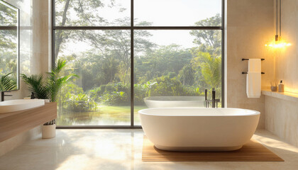 Fototapeta premium Bright, airy bathroom boasting a freestanding bathtub and large windows offering panoramic views of a lush tropical jungle garden