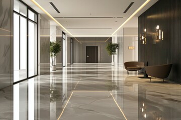 A modern office lobby corridor with reflective marble floors, simple lighting fixtures, and minimalist furnishings, offering a fresh and elegant design.