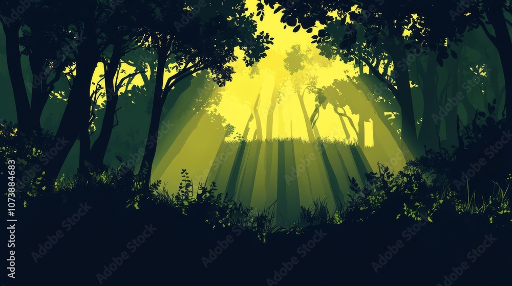 Aufkleber sunlight shining through the trees in a forest.