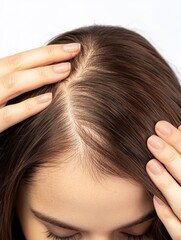 Fototapeta premium A woman uses her hands to inspect her scalp closely, revealing thinning hair and signs of hair loss, emphasizing the need for effective hair care products