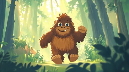 A friendly cartoon Bigfoot character with a smile walking through a lush green forest.