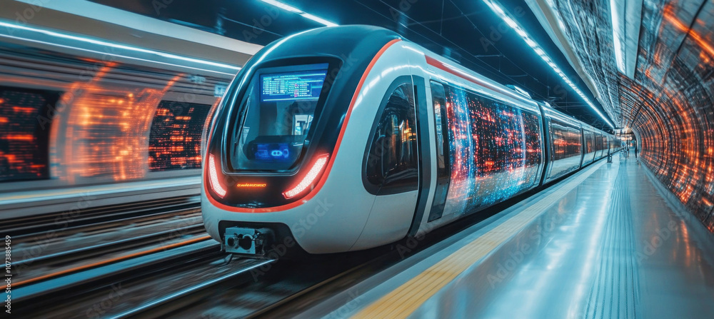 Poster futuristic subway train arriving at platform in metro station with digital signage displaying networ