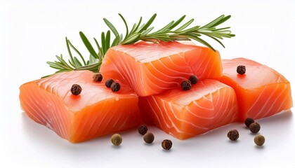 Fresh salmon fillets with rosemary and peppercorns on white background