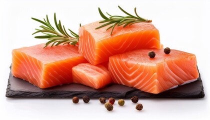 Fresh salmon fillets with rosemary and peppercorns on slate plate