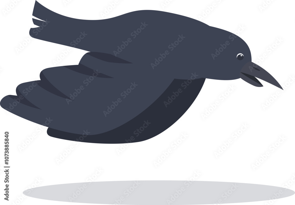 Poster illustration of a black crow flying with its wings wide open and beak open, creating a sense of move