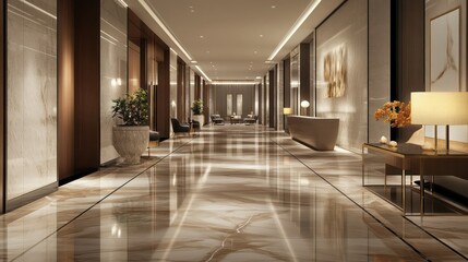 A refined lobby corridor with polished marble floors, sleek modern furniture, and elegant lighting creating a serene and inviting space.