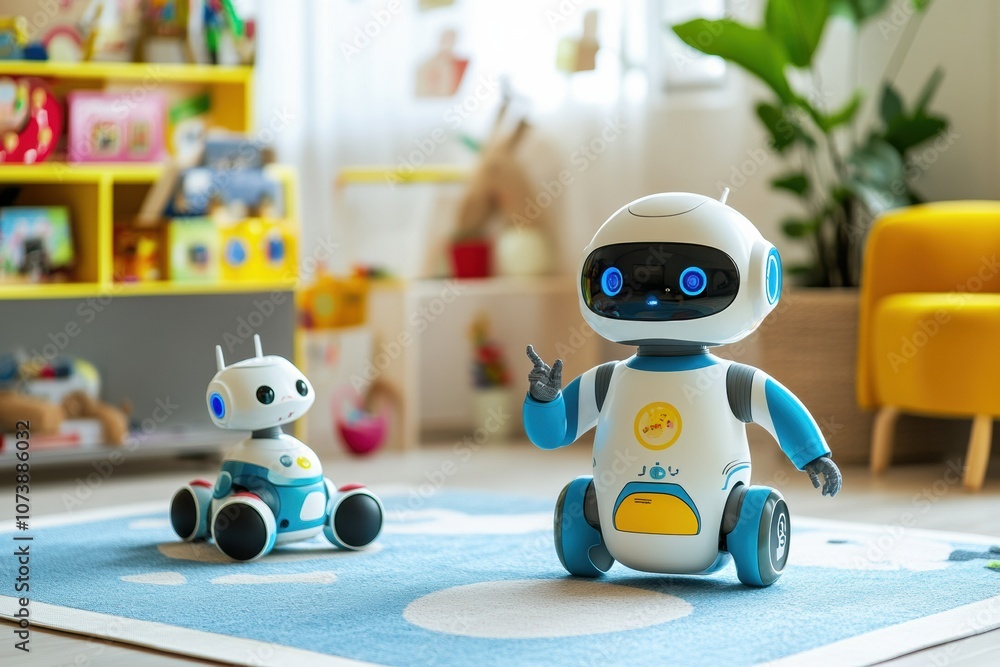 Aufkleber colorful robot assistants interact with children in a cheerful room filled with toys, promoting crea