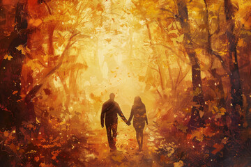 Naklejka premium A couple strolls through a tranquil forest adorned with colorful autumn leaves, enjoying each other's company as the sun sets behind them